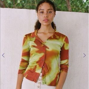 L Paloma Wool Oboe Long Sleeve Green Brown Lava Swirl Button-Up Shirt